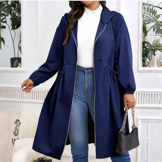 Avril - Manteau à Capuche à Manches Longues avec Cordon de Serrage et Fermeture Éclair en Taille Plus Décontractée