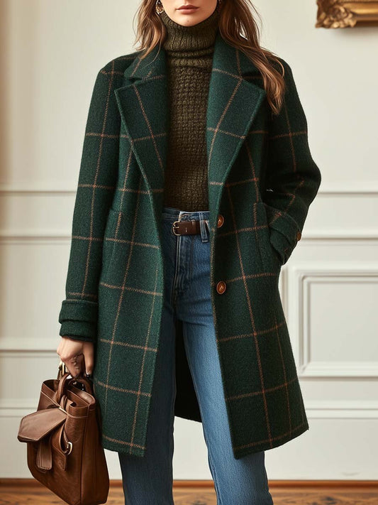 Manteau en Tweed à Carreaux avec Revers Rétro pour Femmes